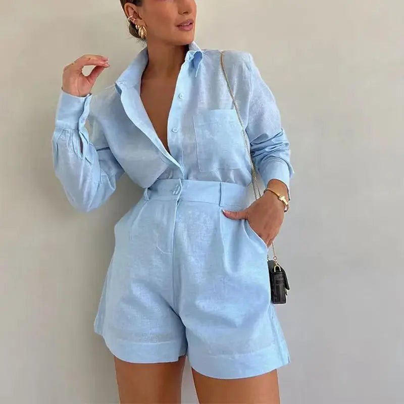 SOERA Solenn Long Sleeve High Waist Shorts Linen Set - Matching Sets - 1005006975478785-;zk1776063209451321739 Blue S