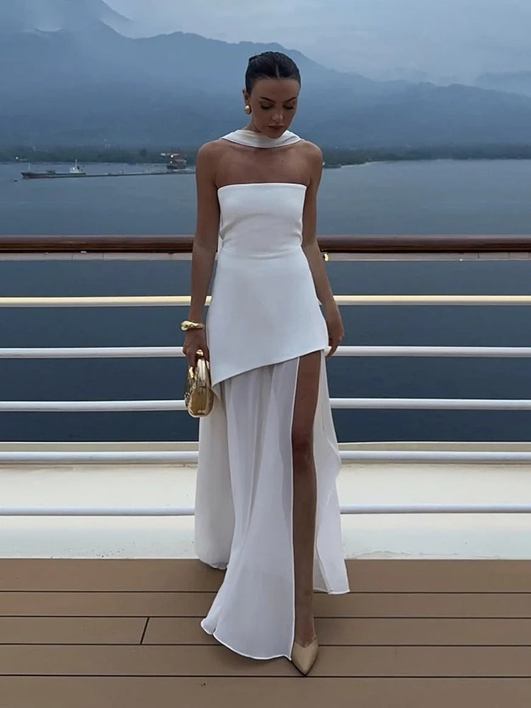 Ophelia abito maxi asimmetrico trasparente