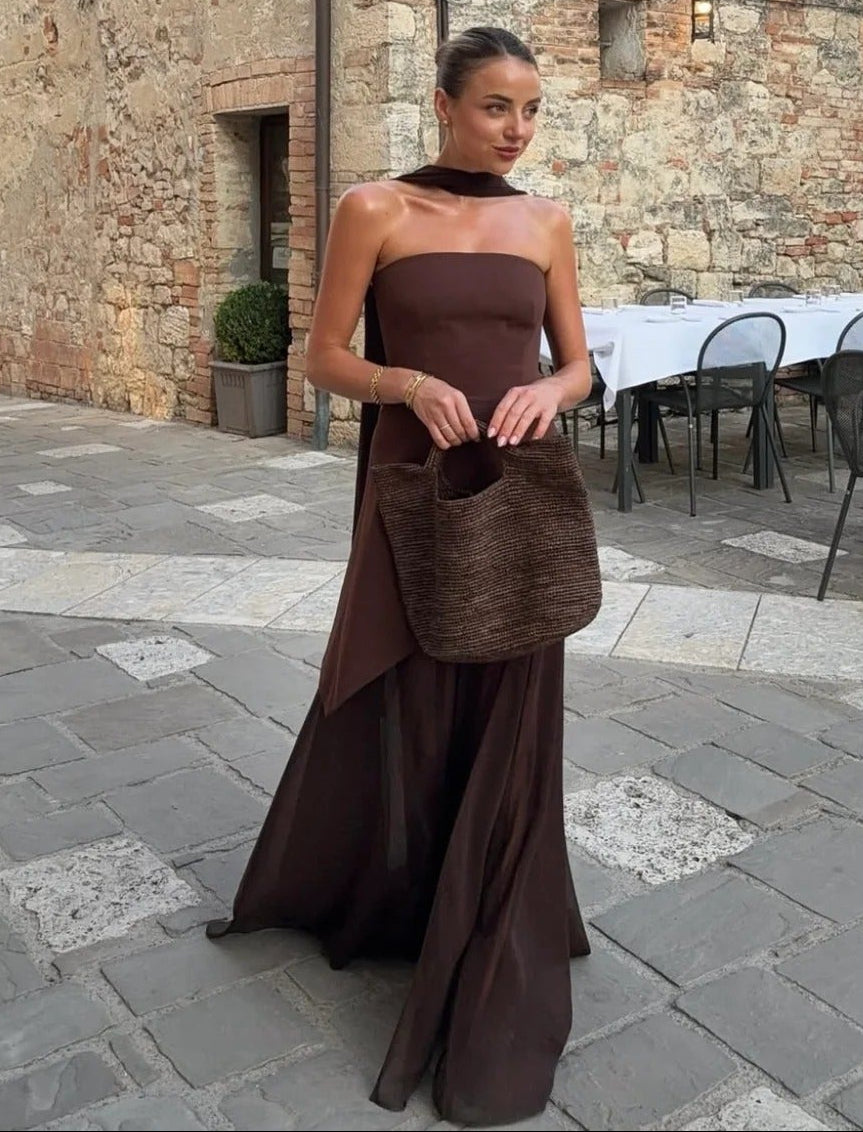 Ophelia abito maxi asimmetrico trasparente