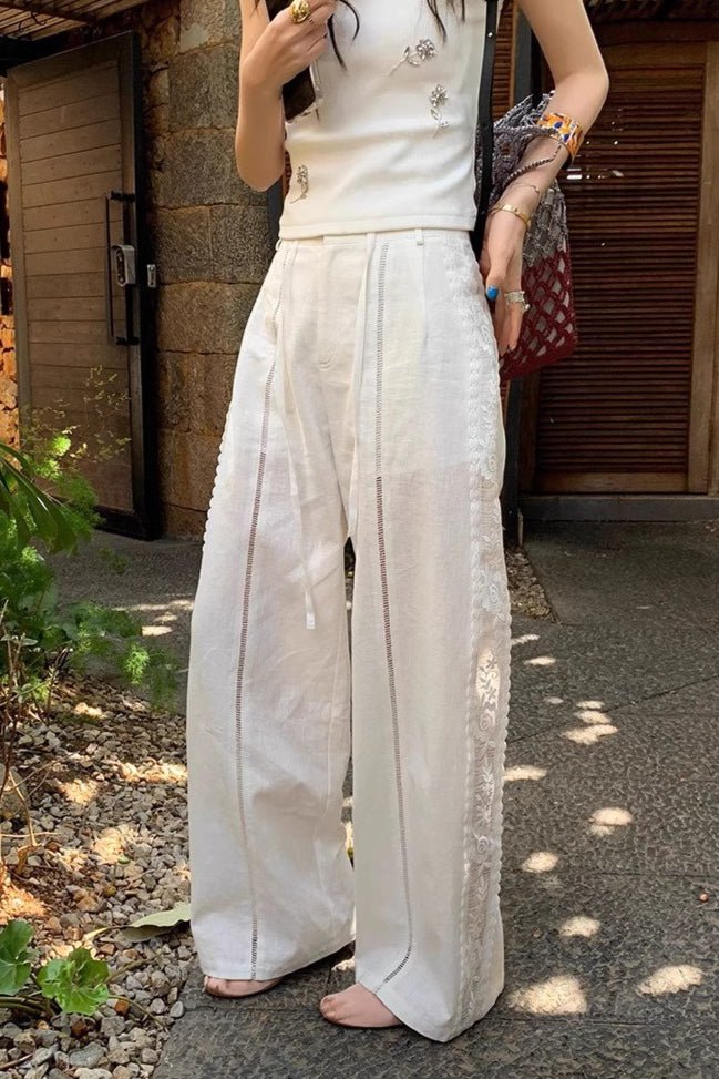 SOERA Beatrice Linen Lace Splicing Straight Pants - Pants -  White S