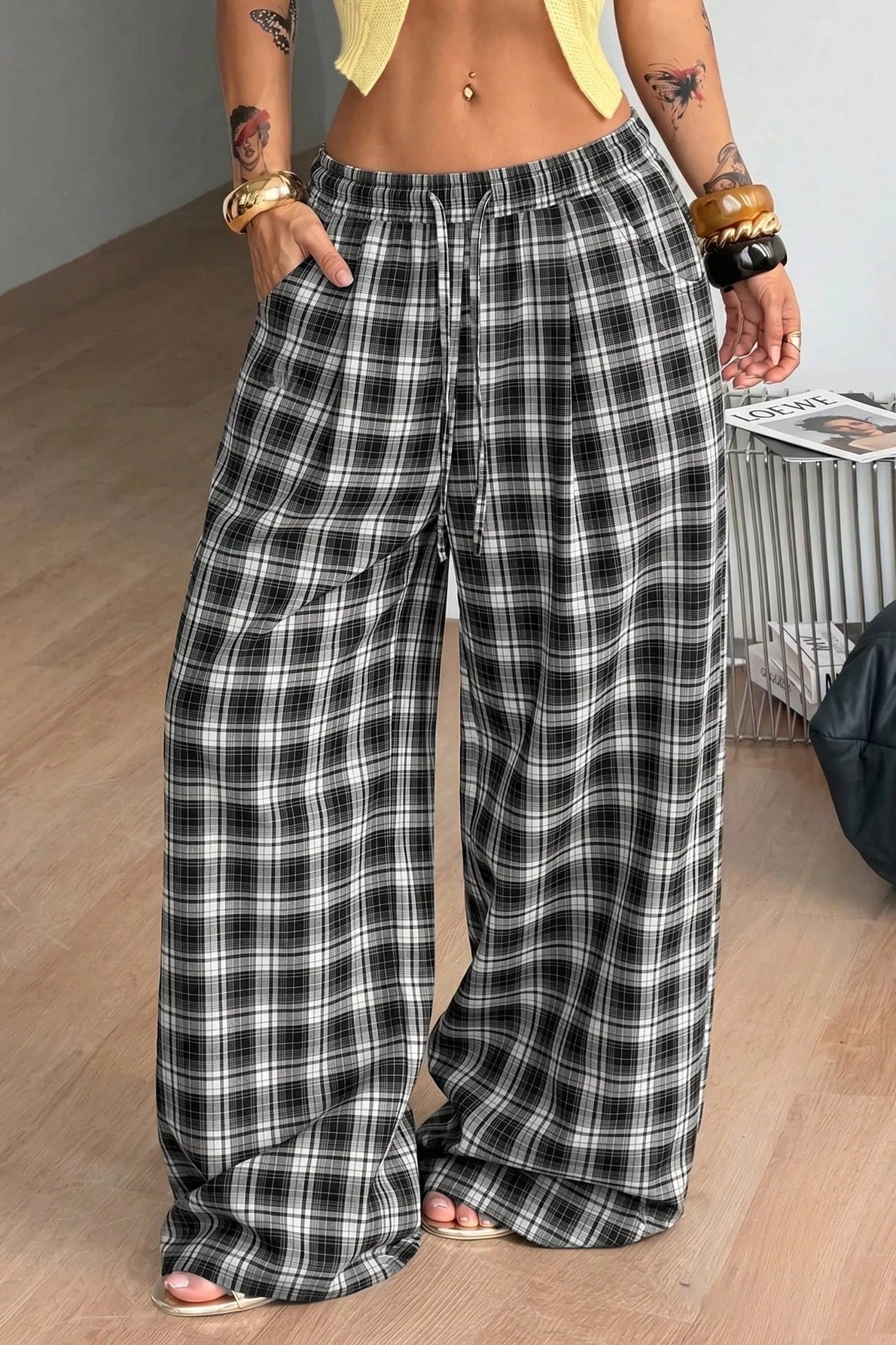 SOERA Lola Drawstring Wide Leg Plaid Pant - Pants - SOERA-447299-BLA-M-09891 Black M