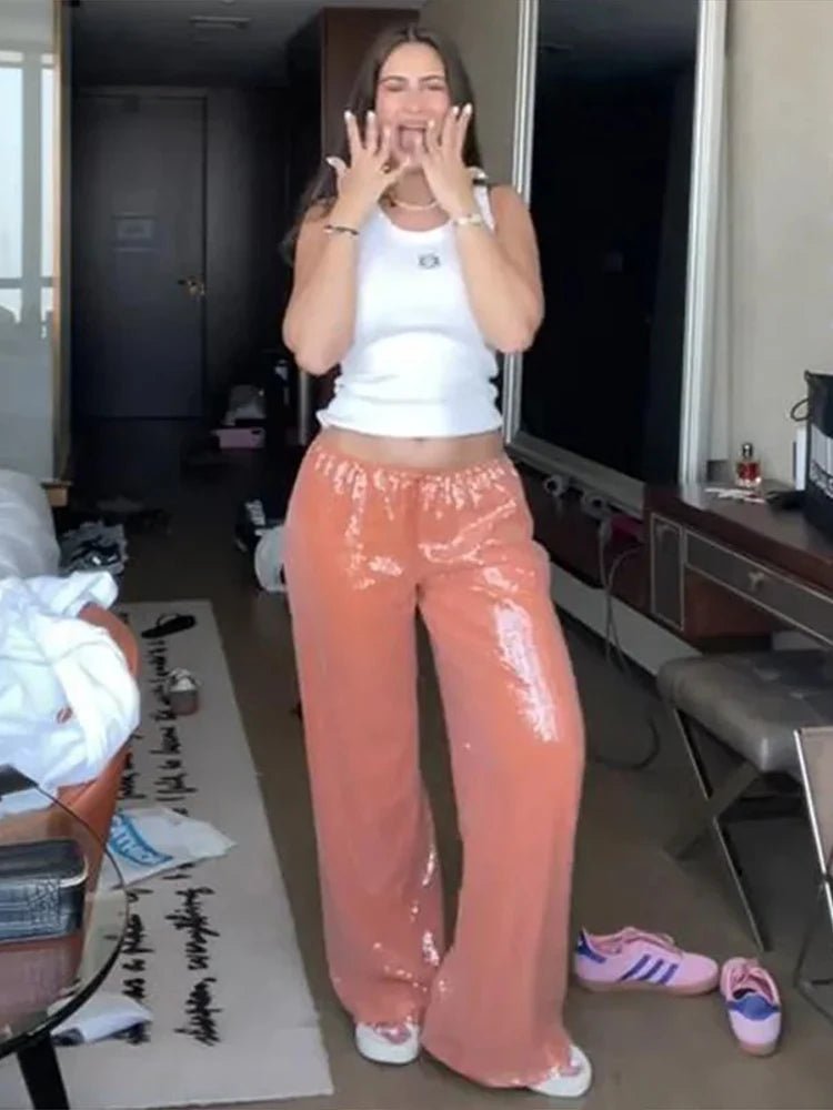 SOERA Sophia Sequin Wide-Leg Trousers - Pants - SOERA-780163-ORA-M-34179 Orange M