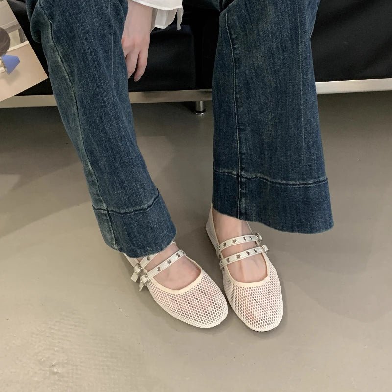 SOERA Valerie Buckled Mesh Ballet Flats - Shoes - 1005008919633161-;bf1774869391272541710 Beige 35