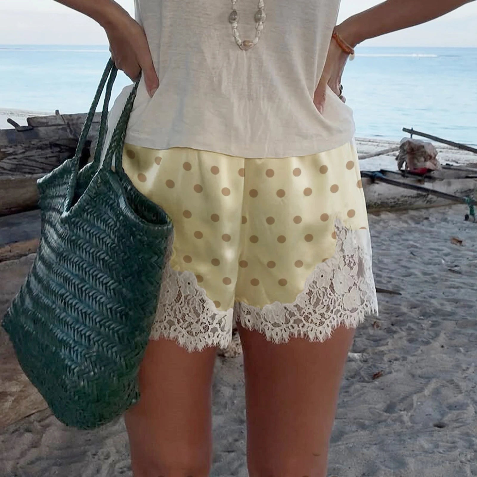 SOERA Pauleen Polka Dot Lace Trim Shorts - Shorts - 1005010162043391-;qn1774012026700805456 Yellow Beige S