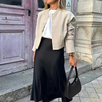 Anais High Waist Black Satin Midi Skirt