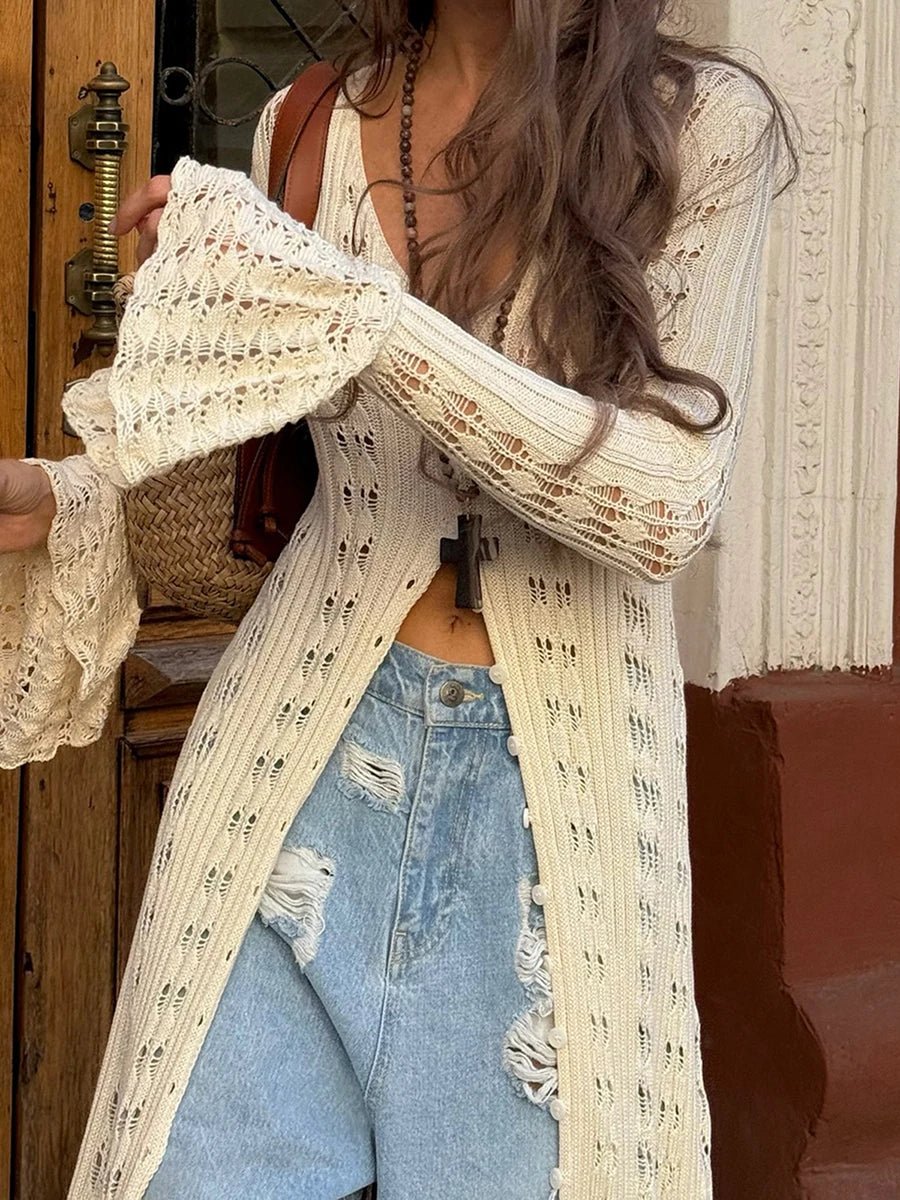 SOERA Lyra Hollow Out Knit Cardigan Dress - Sweaters & Cardigans -  Beige M