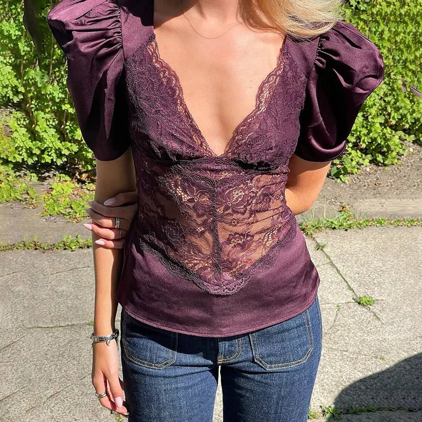 SOERA Lily Lace Plunge Top - Top -  Wine XS