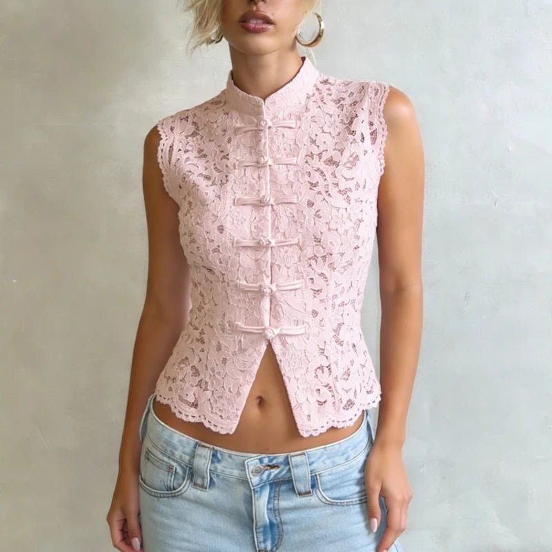 SOERA Beatrix Sheer Lace Mandarin Collar Blouse - Tops -  White S
