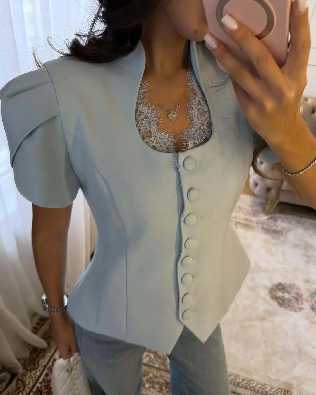 SOERA Bianca Button Front Stand Collar Top - Tops -  Blue S