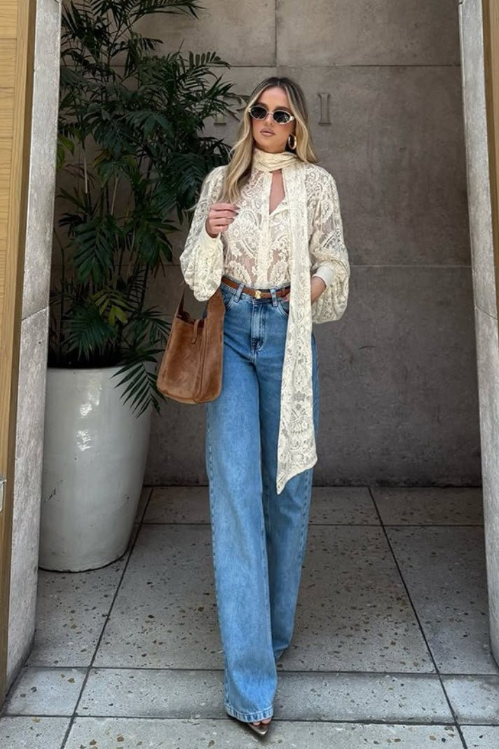 SOERA Dunja Sheer Lace Tie Blouse - Tops -  Beige M