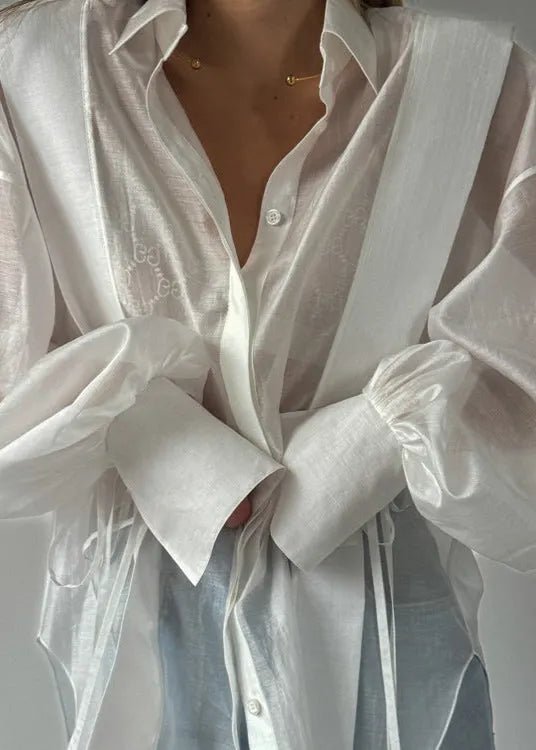 SOERA Isabella Oversized Ribbon-Tie Puff Sleeve Shirt - Tops -  Pink S