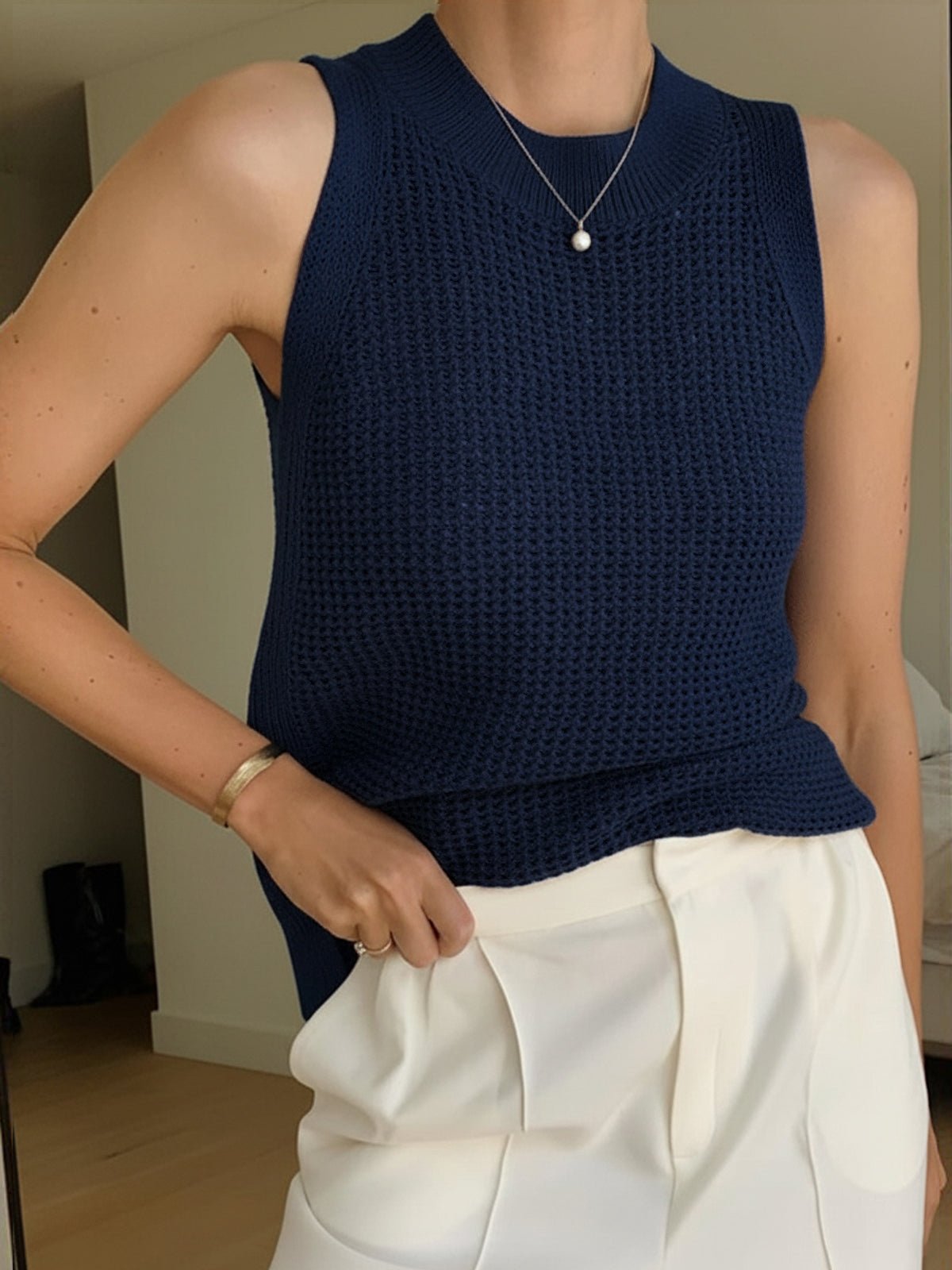 SOERA Jamilla Hollow Knit Tank Top - Tops -  Dark Navy XS