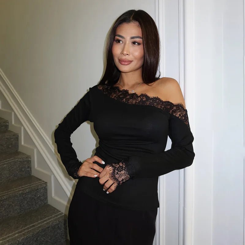SOERA Lizzy Slant Shoulder Lace Long Sleeve Top - Tops - 1005010537984288-;Zc1768904312225995553 Black L