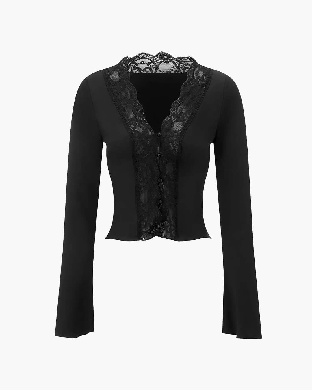 SOERA Victoria Long Sleeve Lace Trim Blouse - Tops -  Black M