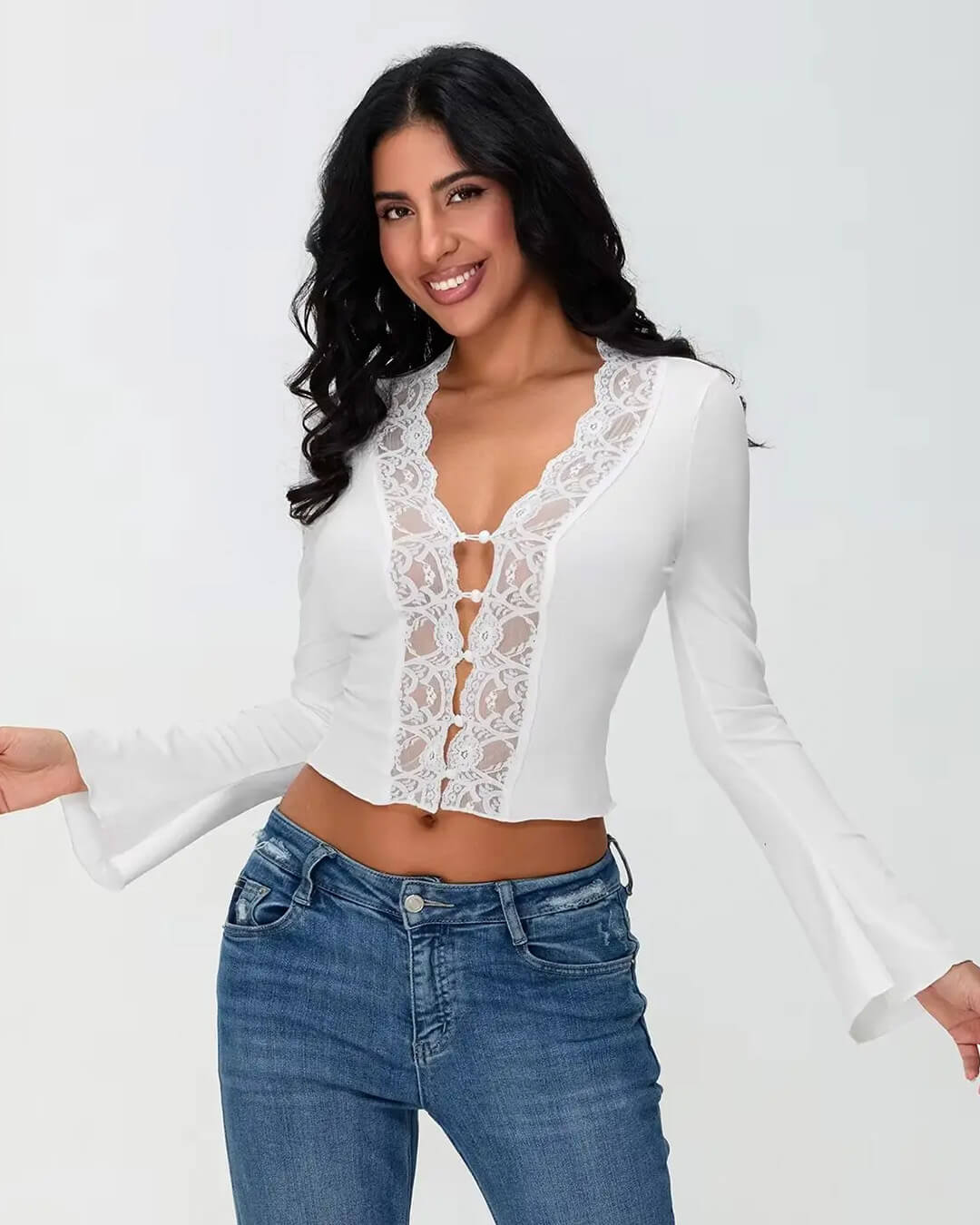 SOERA Victoria Long Sleeve Lace Trim Blouse - Tops -  Black M