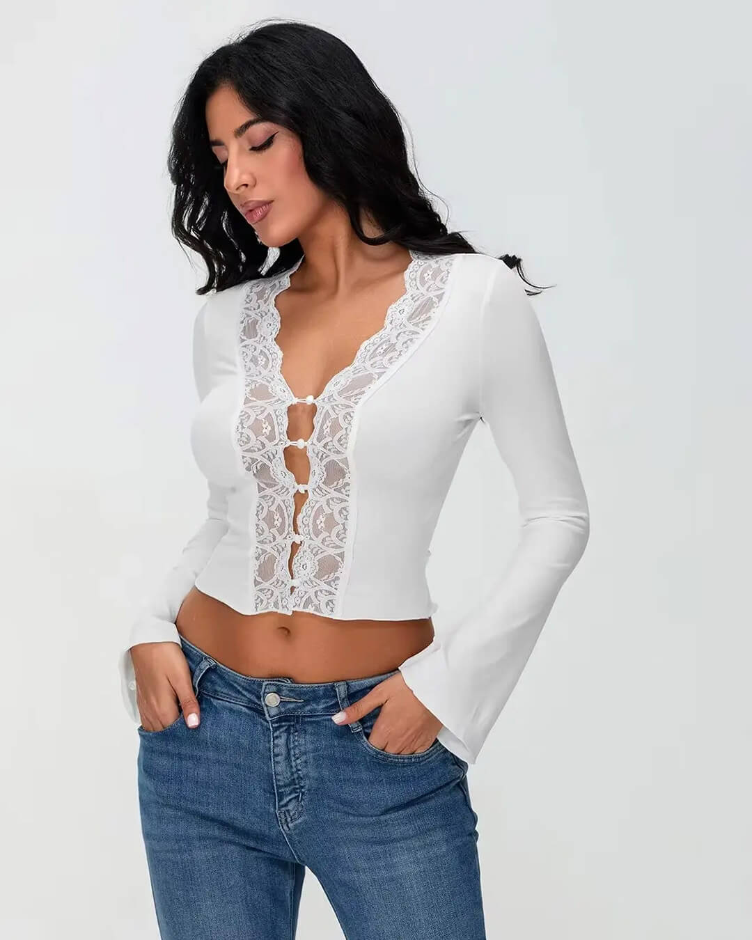 SOERA Victoria Long Sleeve Lace Trim Blouse - Tops -  White S