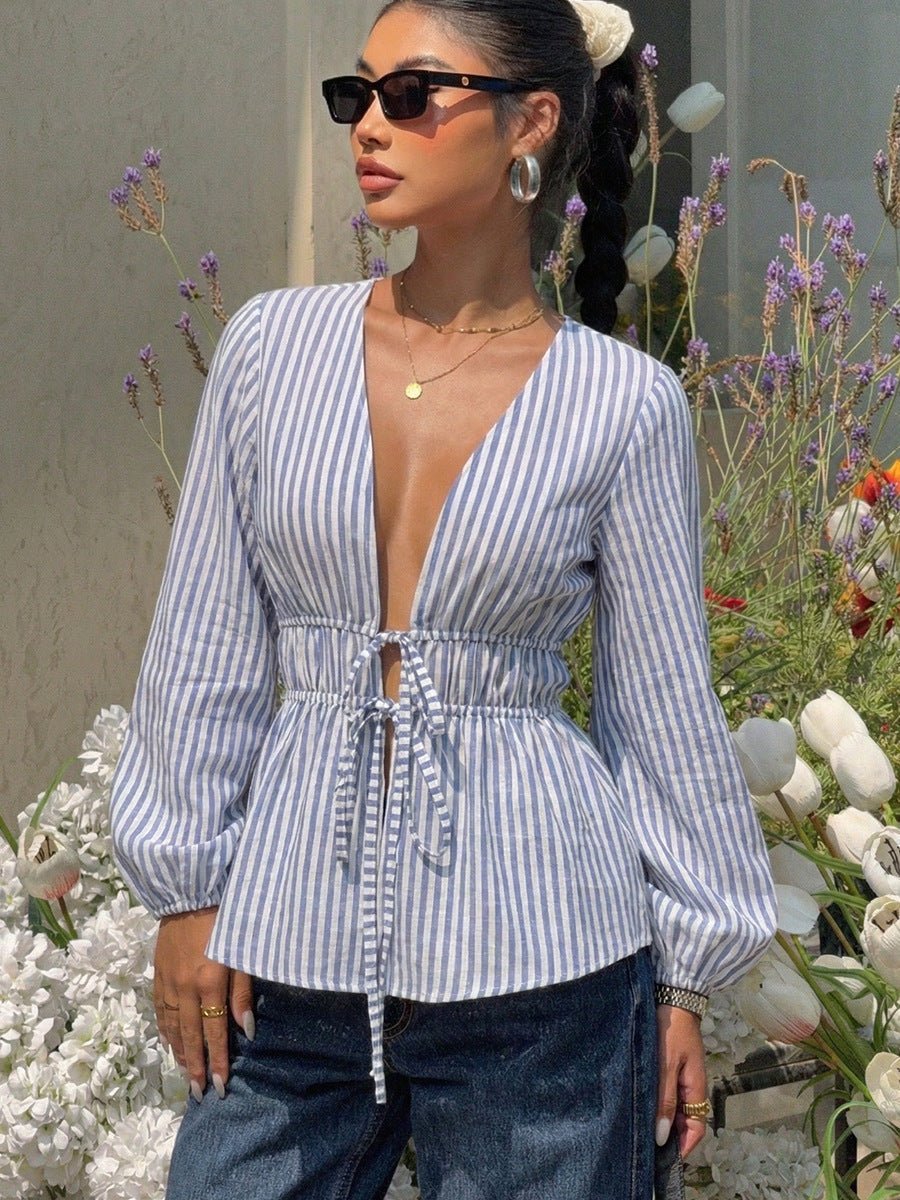 SOERA Yelena Striped Tie - Front Blouse - Tops -  Blue L