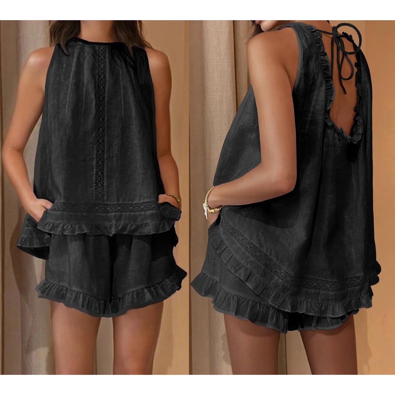 SOERA Dahlia Ruffled Trim Sleeveless Shorts Set - Women's Sets - 1005009740700644-;nC1775118771886324849 Black M