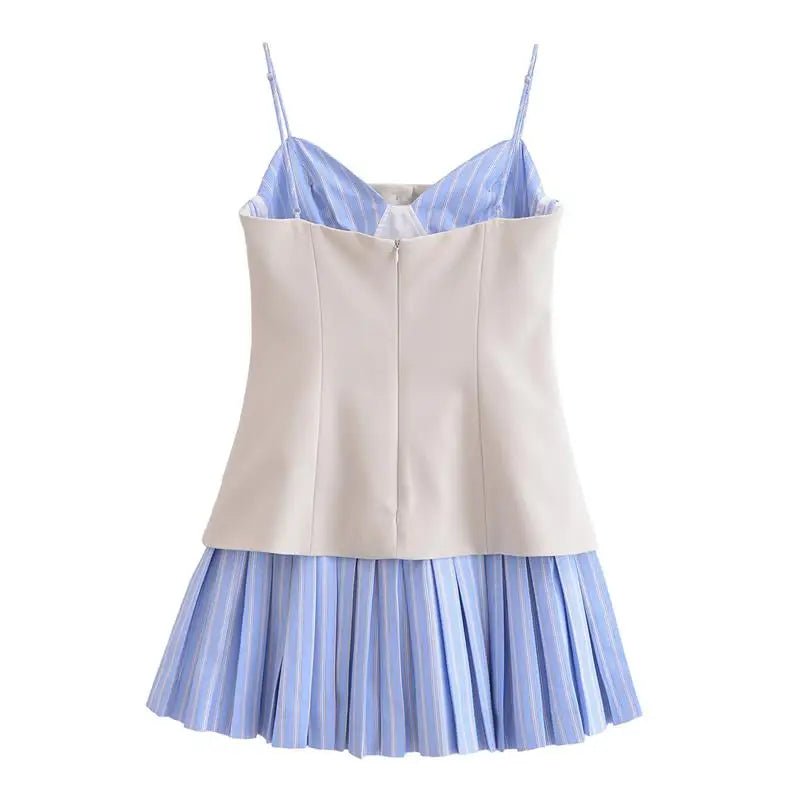 SOERA Trina Striped Pleated Corset Mini Dress - Dress - SOERA-657923-KHA-L-78371 Blue L